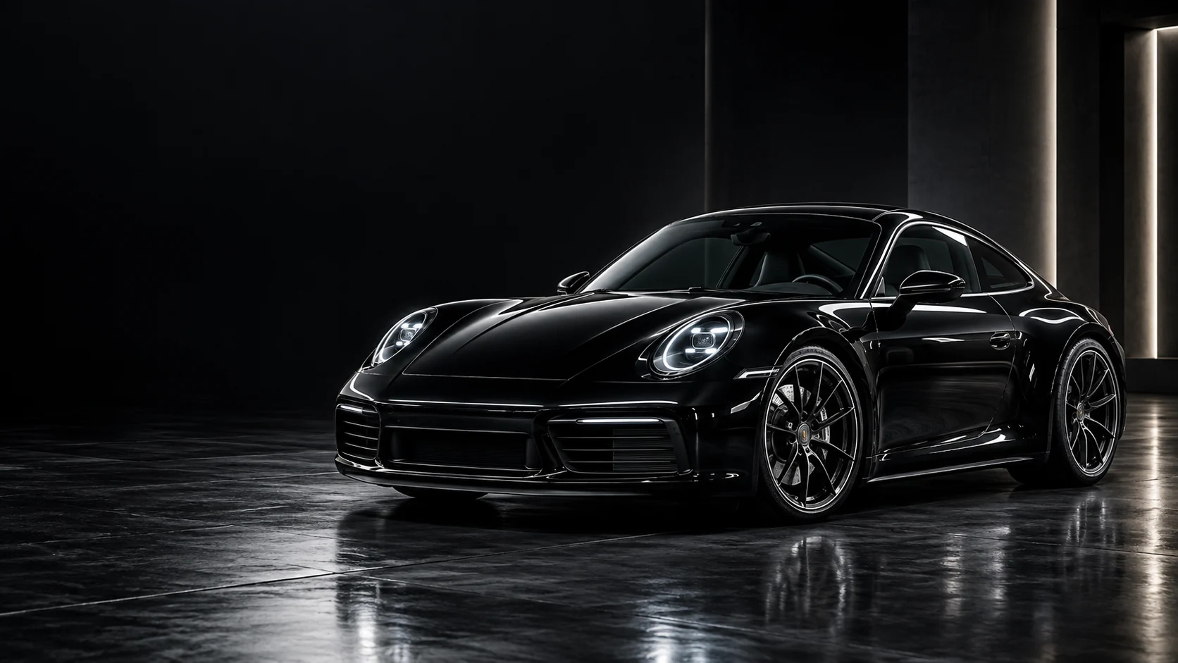 Чёрный Porsche 911 в тёмной студии — демонстрационный образ